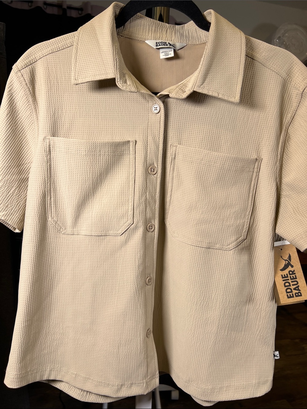 Eddie Bauer woman’s Short-Sleeve Button-Down Shirt Jacket - Khaki